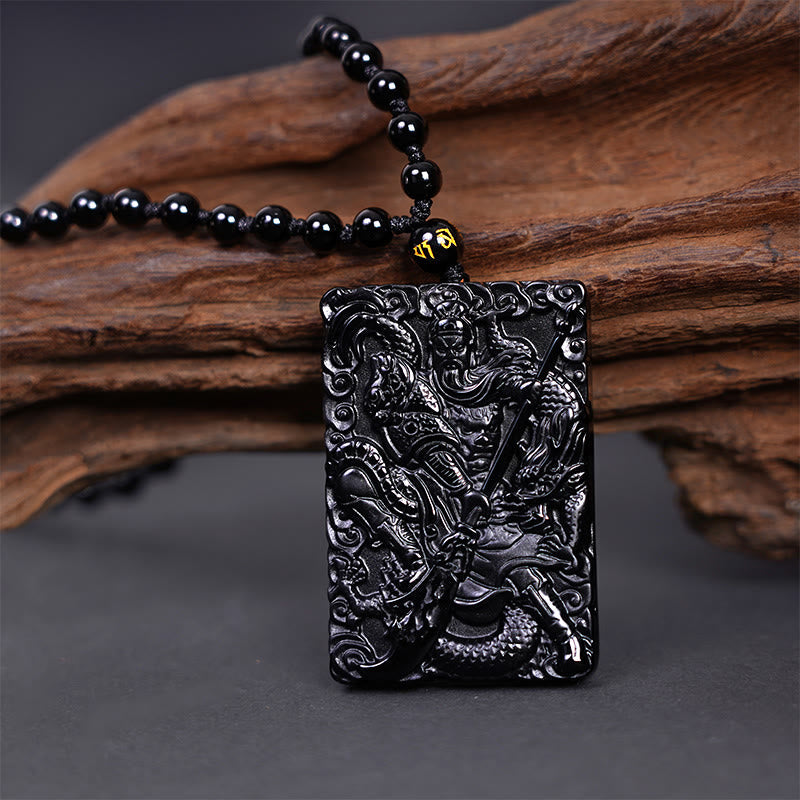 ATELIER-TIBET – Pendentif Guan Gong en Obsidienne Noire Naturelle