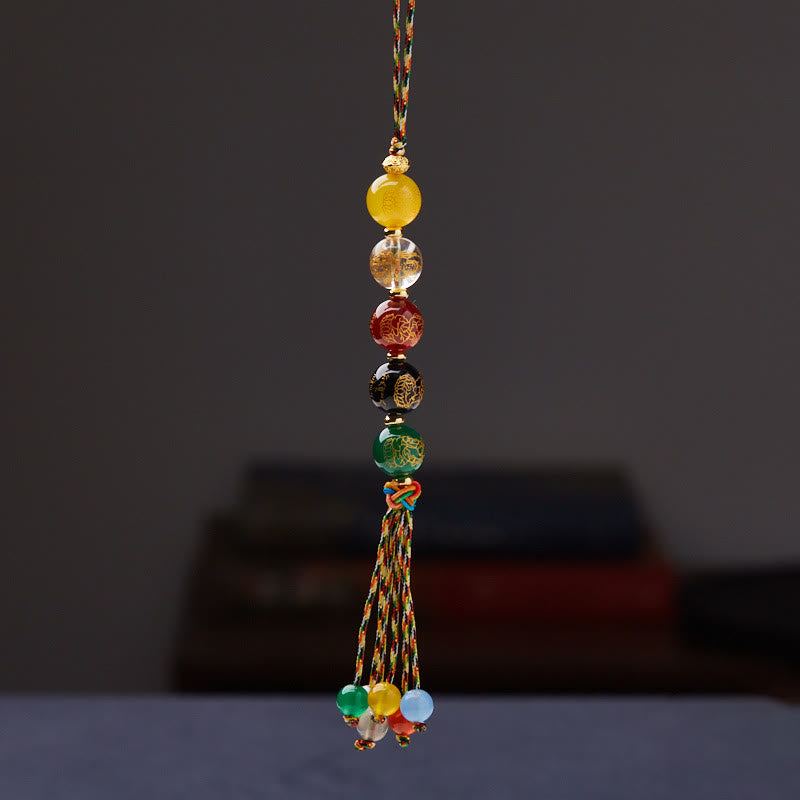 ATELIER-TIBET — Suspension Voiture 5 Dieux de la Richesse en Agate Naturelle — Bijou Spirituel Tibétain (8 mm / 10 mm)