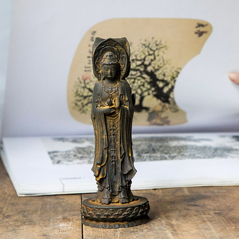 ATELIER-TIBET Statue de Buddha Stones en résine coulée à trois côtés Kwan Yin Avalokitesvara en poudre de fer et rouille Décoration de bureau