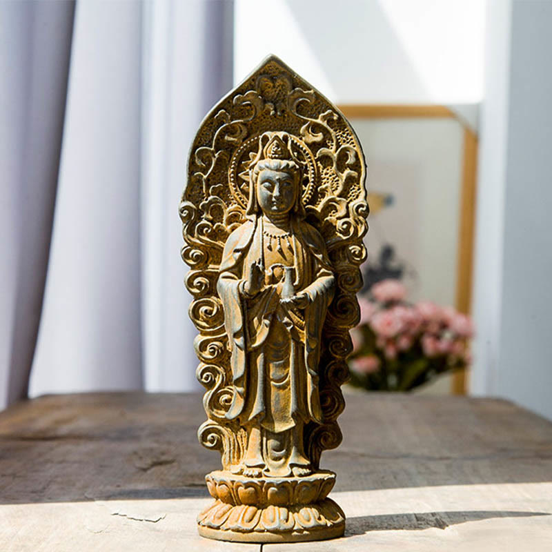ATELIER-TIBET Statue de Buddha Stones en pierre faite à la main Amitabha Guanyin Avalokitesvara Mahasthamaprapta en poudre de fer et résine coulée rouillée