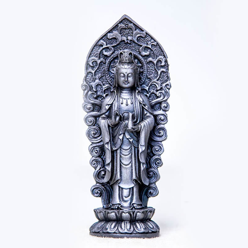 ATELIER-TIBET Statue de Buddha Stones en pierre faite à la main Amitabha Guanyin Avalokitesvara Mahasthamaprapta en poudre de fer et résine coulée rouillée