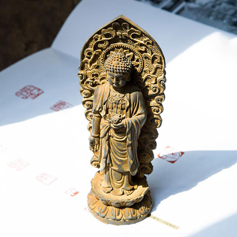 ATELIER-TIBET Statue de Buddha Stones en pierre faite à la main Amitabha Guanyin Avalokitesvara Mahasthamaprapta en poudre de fer et résine coulée rouillée