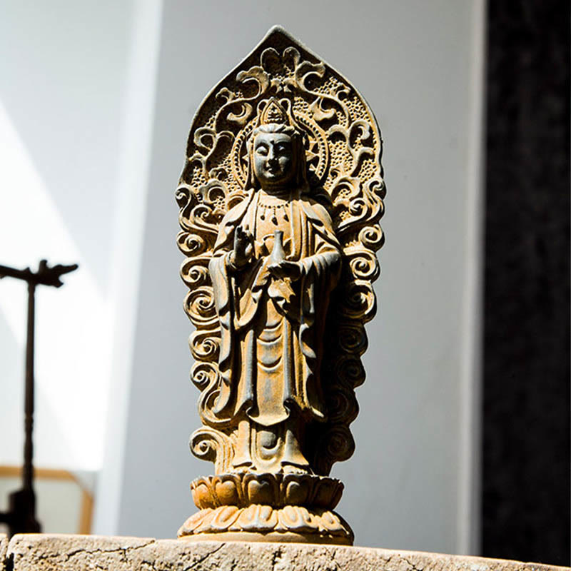ATELIER-TIBET Statue de Buddha Stones en pierre faite à la main Amitabha Guanyin Avalokitesvara Mahasthamaprapta en poudre de fer et résine coulée rouillée