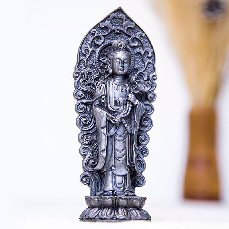 ATELIER-TIBET Statue de Buddha Stones en pierre faite à la main Amitabha Guanyin Avalokitesvara Mahasthamaprapta en poudre de fer et résine coulée rouillée