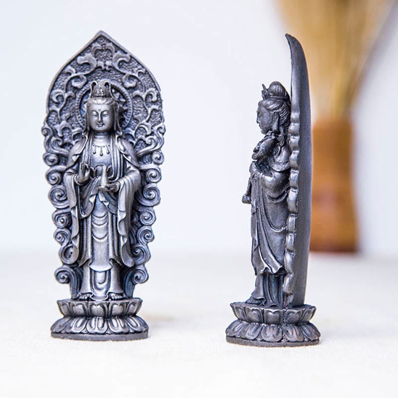ATELIER-TIBET Statue de Buddha Stones en pierre faite à la main Amitabha Guanyin Avalokitesvara Mahasthamaprapta en poudre de fer et résine coulée rouillée