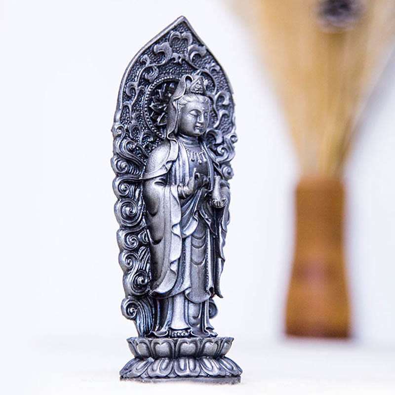ATELIER-TIBET Statue de Buddha Stones en pierre faite à la main Amitabha Guanyin Avalokitesvara Mahasthamaprapta en poudre de fer et résine coulée rouillée