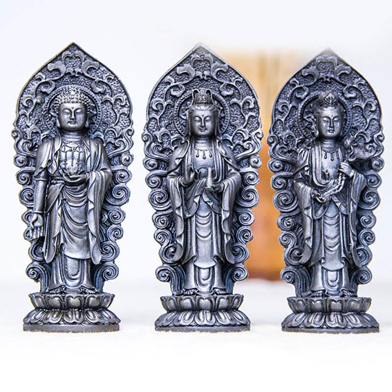ATELIER-TIBET Statue de Buddha Stones en pierre faite à la main Amitabha Guanyin Avalokitesvara Mahasthamaprapta en poudre de fer et résine coulée rouillée