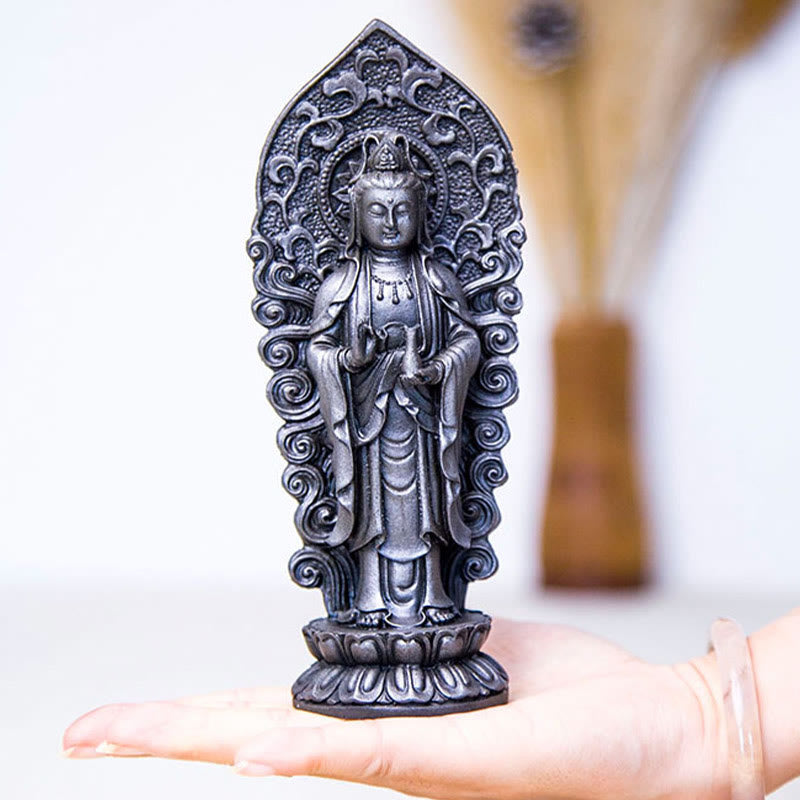 ATELIER-TIBET Statue de Buddha Stones en pierre faite à la main Amitabha Guanyin Avalokitesvara Mahasthamaprapta en poudre de fer et résine coulée rouillée