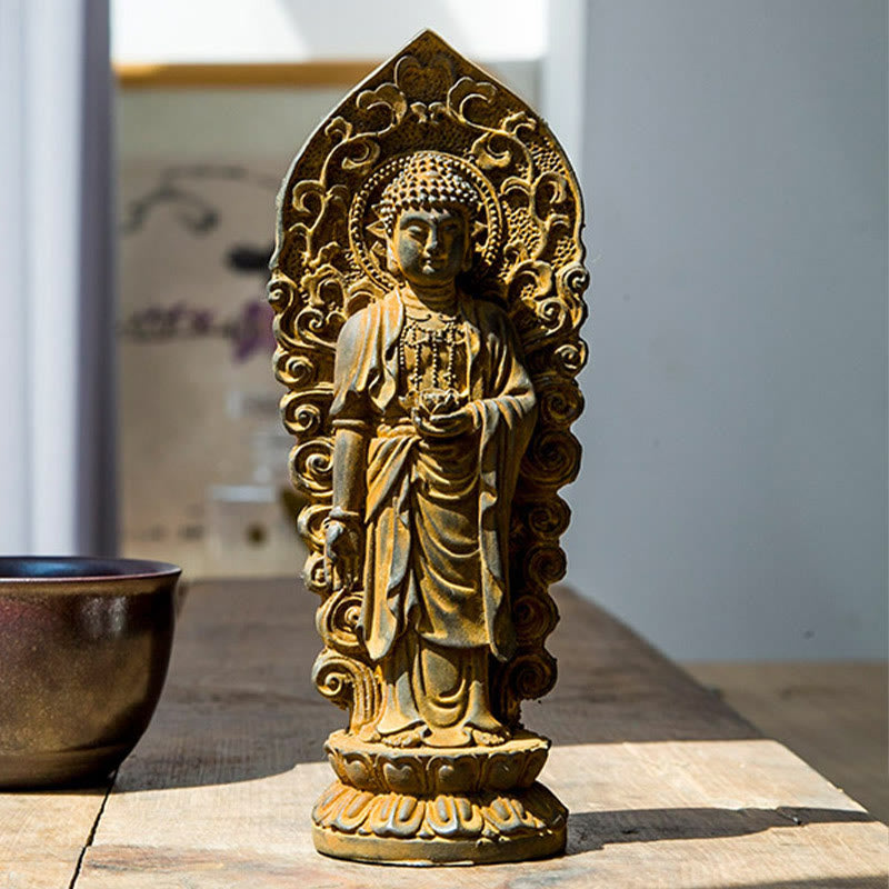 ATELIER-TIBET Statue de Buddha Stones en pierre faite à la main Amitabha Guanyin Avalokitesvara Mahasthamaprapta en poudre de fer et résine coulée rouillée