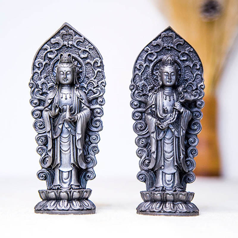 ATELIER-TIBET Statue de Buddha Stones en pierre faite à la main Amitabha Guanyin Avalokitesvara Mahasthamaprapta en poudre de fer et résine coulée rouillée