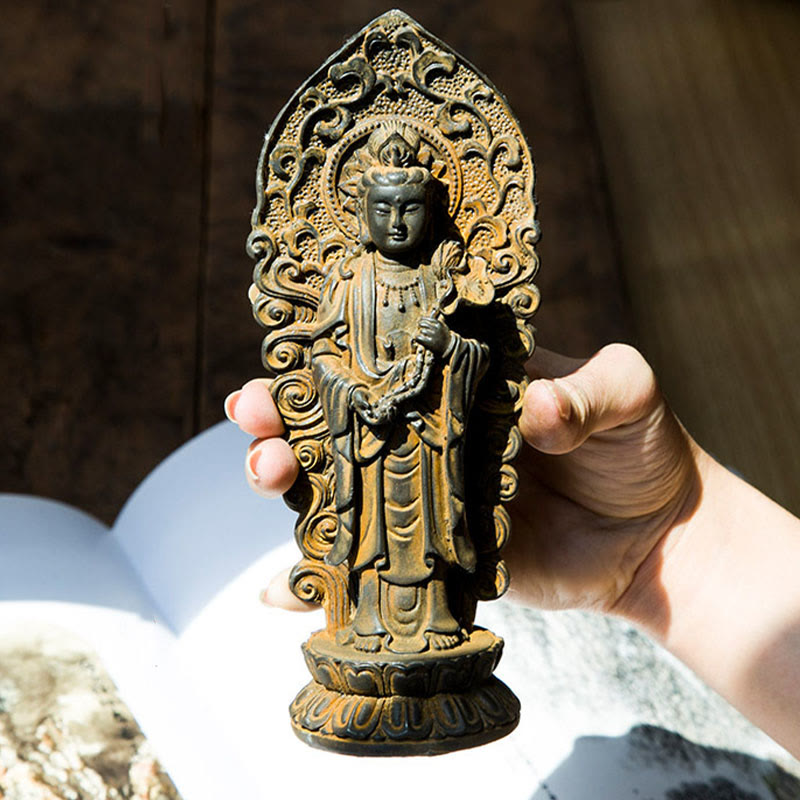 ATELIER-TIBET Statue de Buddha Stones en pierre faite à la main Amitabha Guanyin Avalokitesvara Mahasthamaprapta en poudre de fer et résine coulée rouillée