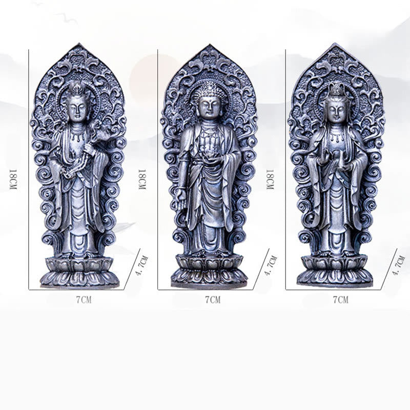 ATELIER-TIBET Statue de Buddha Stones en pierre faite à la main Amitabha Guanyin Avalokitesvara Mahasthamaprapta en poudre de fer et résine coulée rouillée