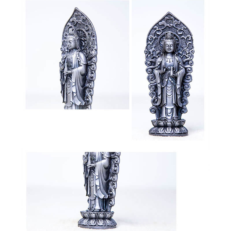 ATELIER-TIBET Statue de Buddha Stones en pierre faite à la main Amitabha Guanyin Avalokitesvara Mahasthamaprapta en poudre de fer et résine coulée rouillée