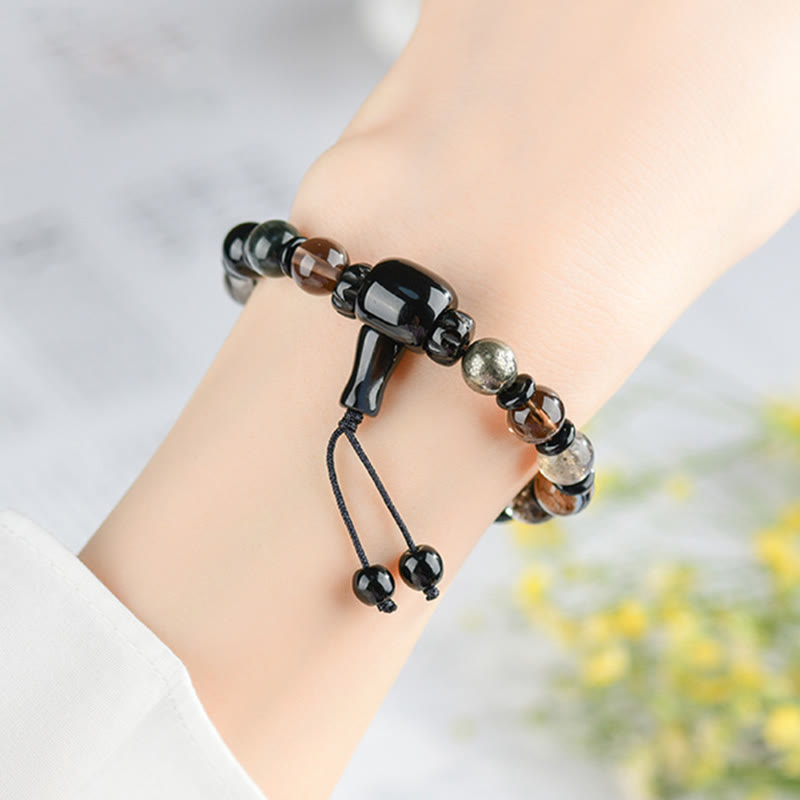 ATELIER-TIBET – Bracelet Sagesse des Cinq Éléments en Obsidienne Noire – Perles 8 mm