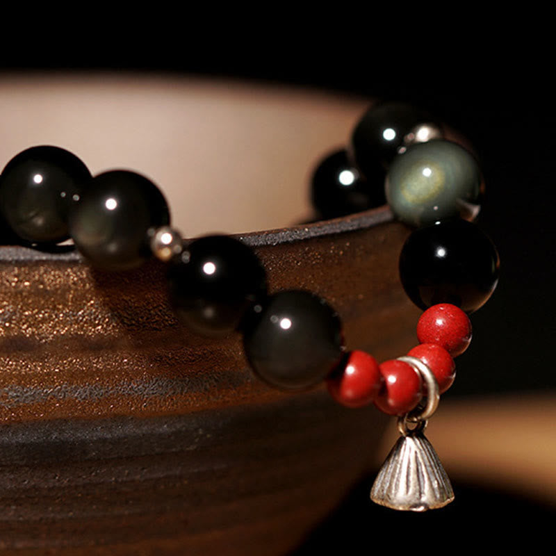 ATELIER-TIBET – Bracelet Force Protectrice en Obsidienne Noire & Lotus – Perles 6 ou 8 mm