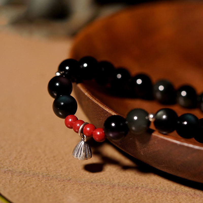 ATELIER-TIBET – Bracelet Force Protectrice en Obsidienne Noire & Lotus – Perles 6 ou 8 mm