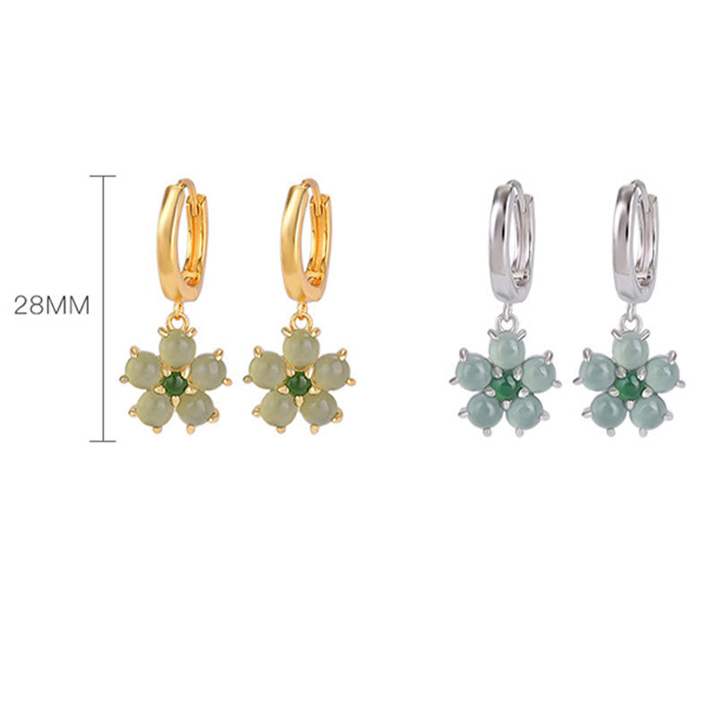 ATELIER-TIBET – Boucles d’Oreilles Fleur en Jade Vert Naturel & Argent 925 Plaqué Or