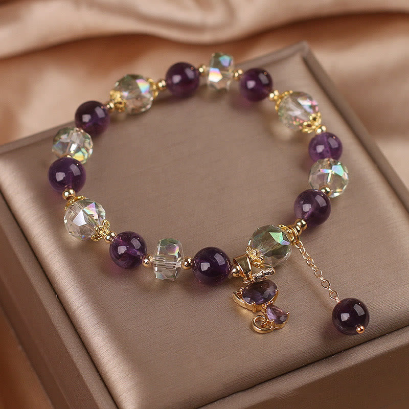ATELIER-TIBET – Bracelet Méditation en Améthyste & Quartz Clair avec Breloque Renard | Sérénité & Clarté Symbolique