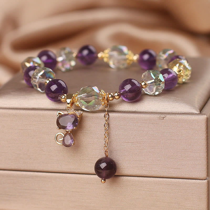 ATELIER-TIBET – Bracelet Méditation en Améthyste & Quartz Clair avec Breloque Renard | Sérénité & Clarté Symbolique