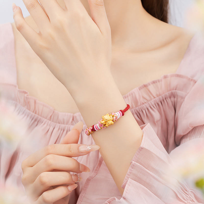 ATELIER-TIBET – Bracelet Fil Rouge avec Charm Chat Porte-Bonheur en Argent Sterling 999