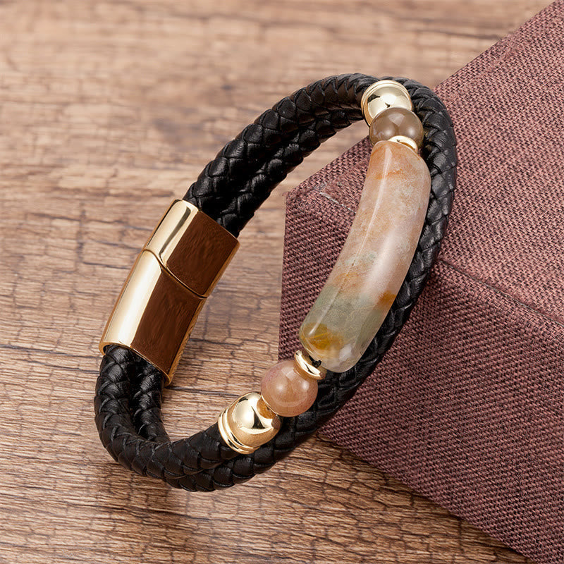 ATELIER-TIBET – Bracelet en Cuir & Pierre Naturelle Œil de Tigre Doré, Fermoir Magnétique