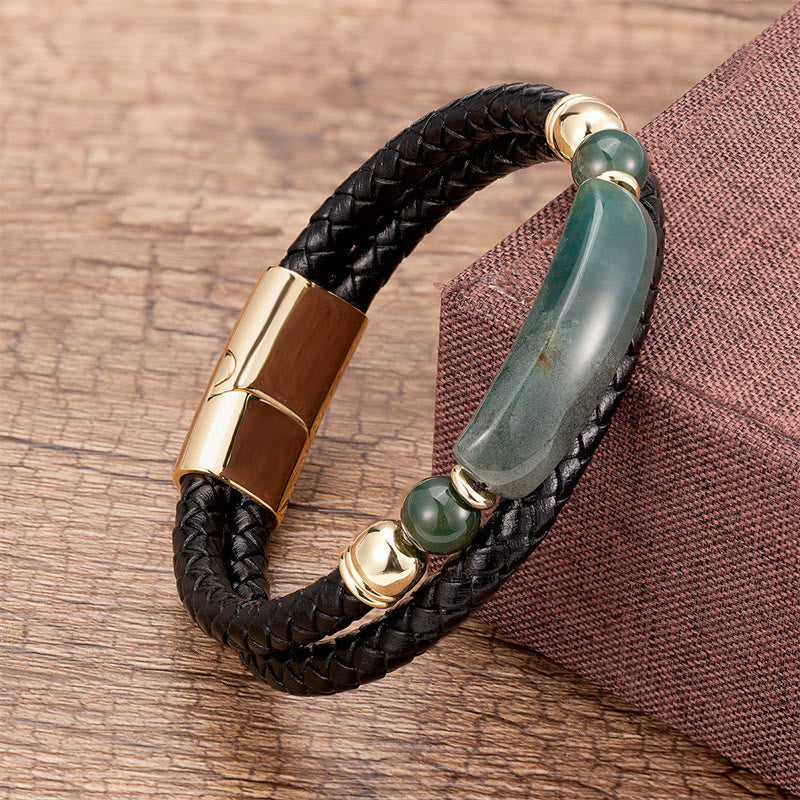 ATELIER-TIBET – Bracelet en Cuir & Pierre Naturelle Œil de Tigre Doré, Fermoir Magnétique