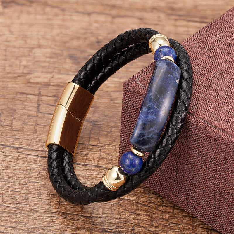 ATELIER-TIBET – Bracelet en Cuir & Pierre Naturelle Œil de Tigre Doré, Fermoir Magnétique