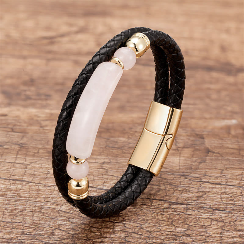 ATELIER-TIBET – Bracelet en Cuir & Pierre Naturelle Œil de Tigre Doré, Fermoir Magnétique