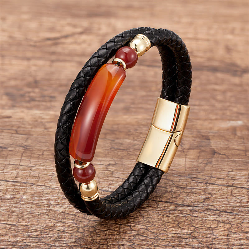 ATELIER-TIBET – Bracelet en Cuir & Pierre Naturelle Œil de Tigre Doré, Fermoir Magnétique