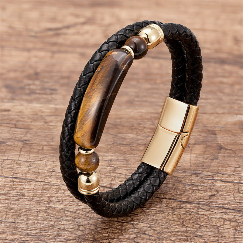 ATELIER-TIBET – Bracelet en Cuir & Pierre Naturelle Œil de Tigre Doré, Fermoir Magnétique