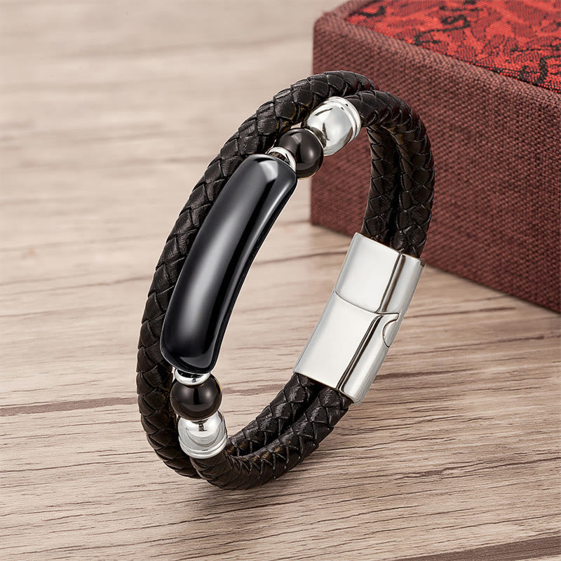 ATELIER-TIBET – Bracelet en Cuir & Pierre Naturelle Œil de Tigre Doré, Fermoir Magnétique