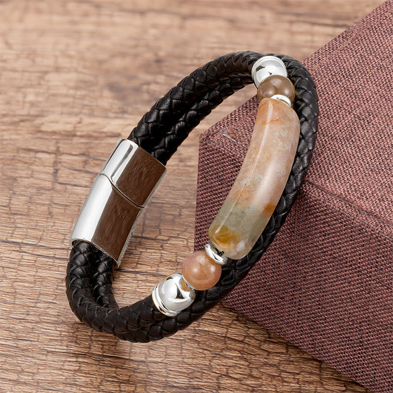 ATELIER-TIBET – Bracelet en Cuir & Pierre Naturelle Œil de Tigre Doré, Fermoir Magnétique