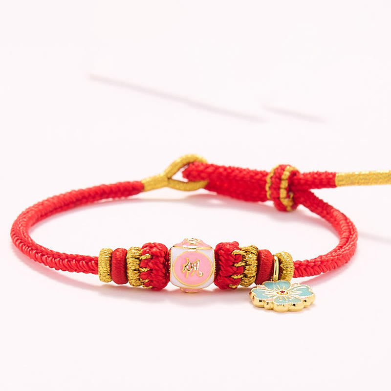 ATELIER-TIBET – Bracelet de Protection Fleur de Pêcher en Cuivre Plaqué Or & Fil Rouge