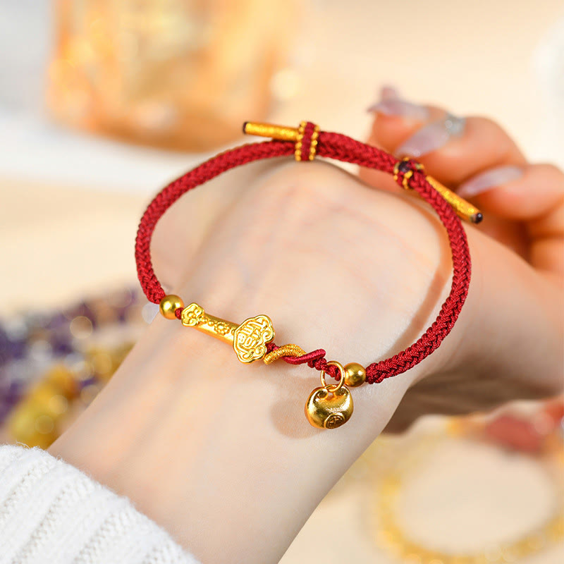 ATELIER-TIBET – Bracelet Tressé Porte-Bonheur Fil Rouge Fu & Bâton Ruyi