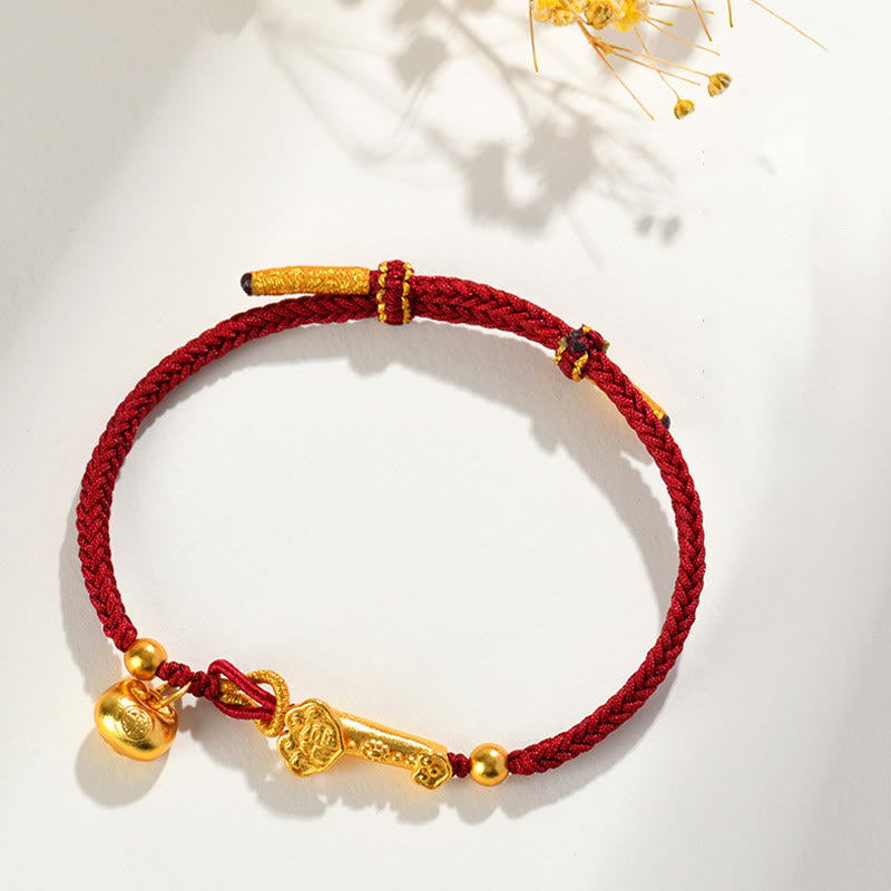 ATELIER-TIBET – Bracelet Tressé Porte-Bonheur Fil Rouge Fu & Bâton Ruyi