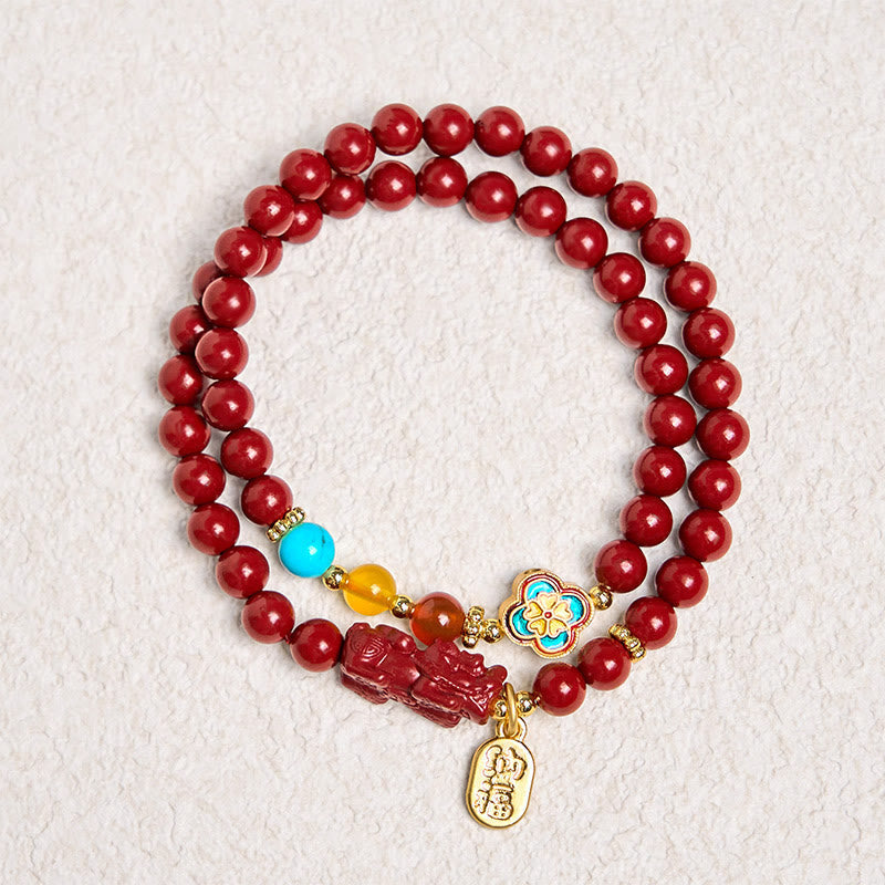 ATELIER-TIBET – Bracelet Double Tour en Cinabre 6 mm PiXiu & Fu | Abondance & Protection Symbolique