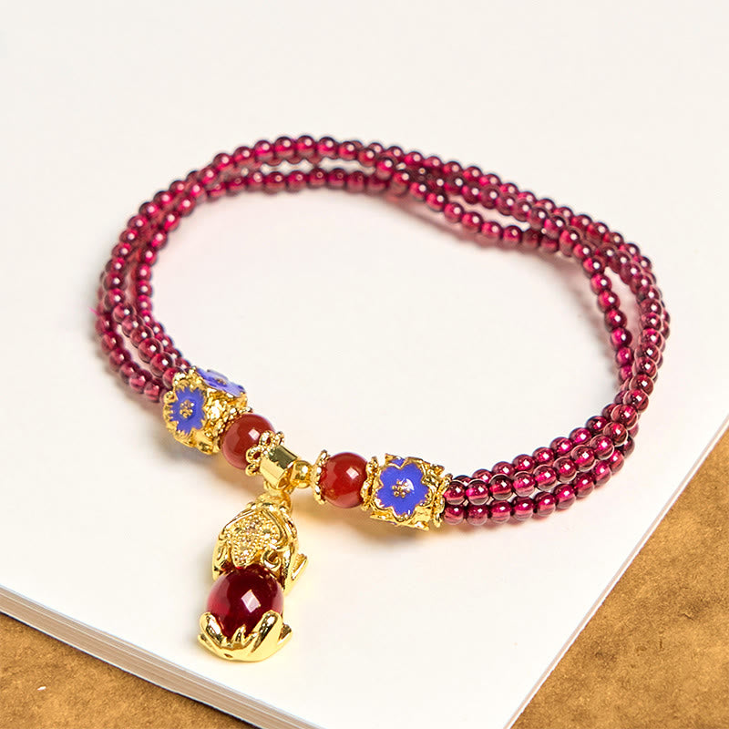 ATELIER-TIBET – Bracelet Pixiu Purification Multicouche en Grenat Naturel 3 mm | Protection & Abondance Symbolique
