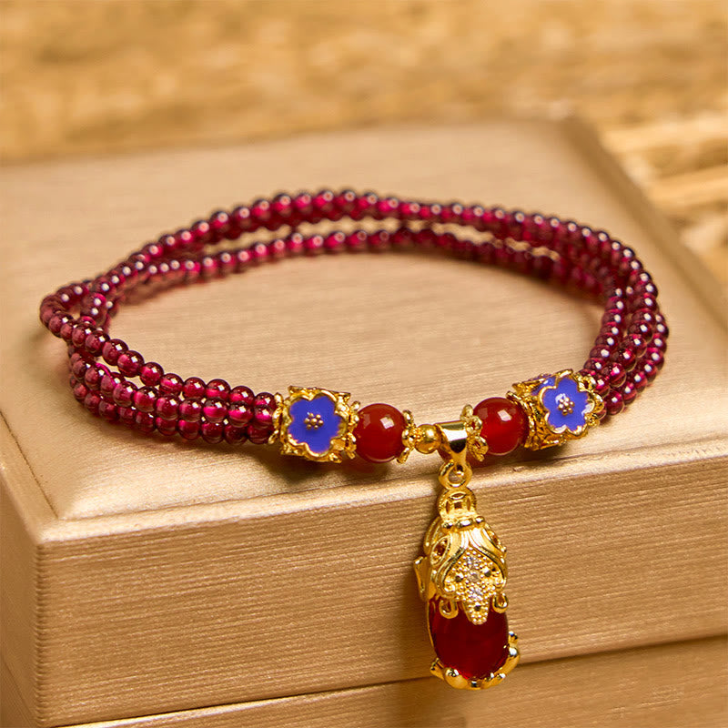 ATELIER-TIBET – Bracelet Pixiu Purification Multicouche en Grenat Naturel 3 mm | Protection & Abondance Symbolique