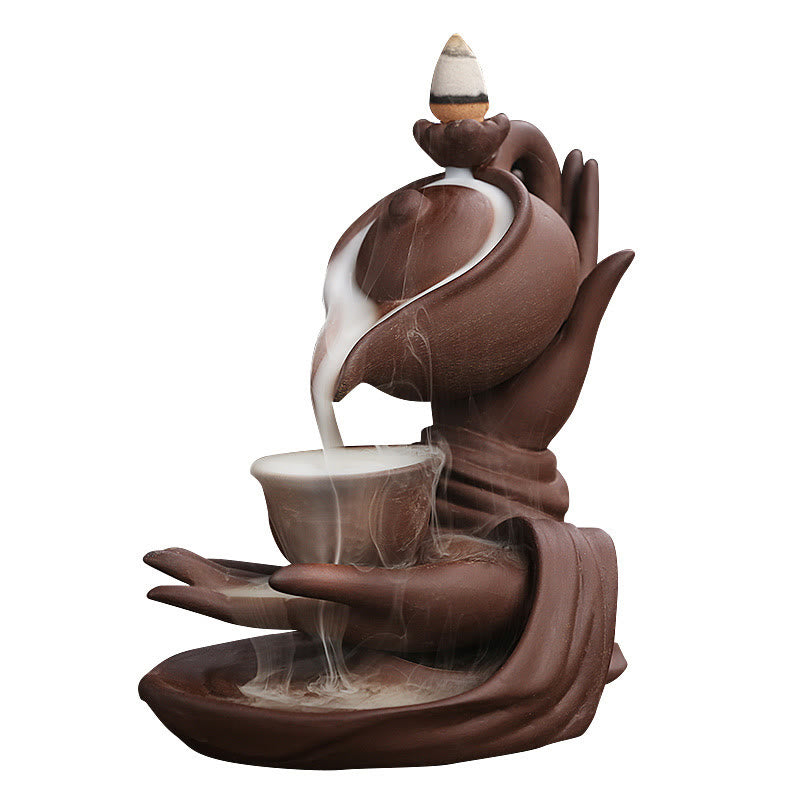 ATELIER-TIBET Bouddha Main Tenant Théière Tasse Céramique Fontaine de Fumée à Refoulement Brûleur d'Encens de Guérison Décoration