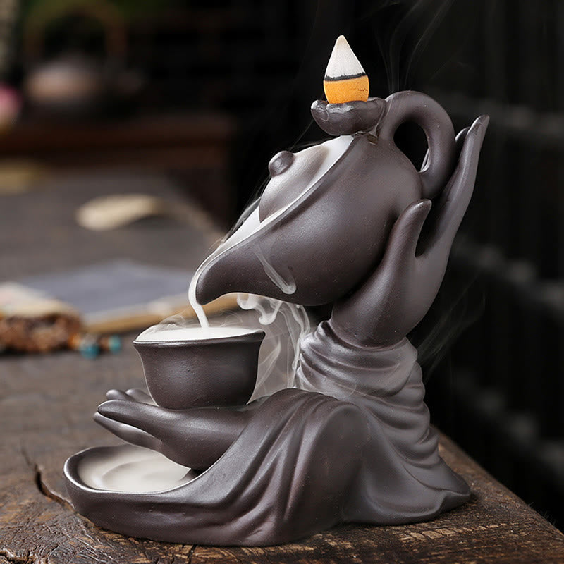 ATELIER-TIBET Bouddha Main Tenant Théière Tasse Céramique Fontaine de Fumée à Refoulement Brûleur d'Encens de Guérison Décoration