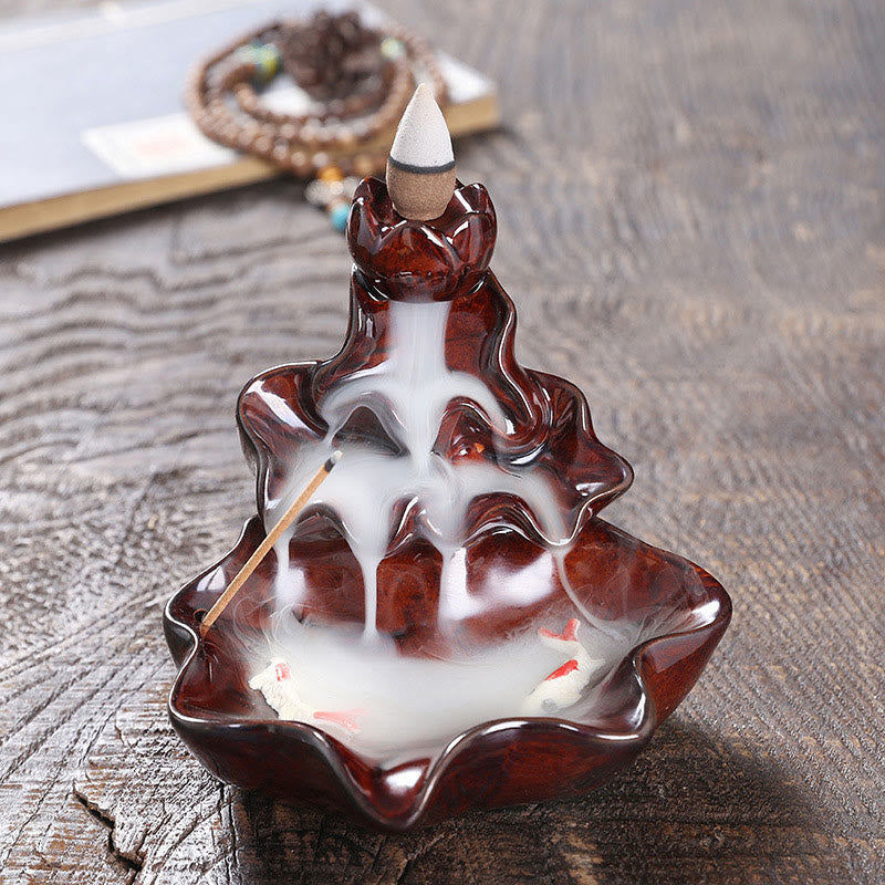 ATELIER-TIBET Porte-Encens à Reflux Lotus avec Poisson Koi en Céramique – 11,5 cm
