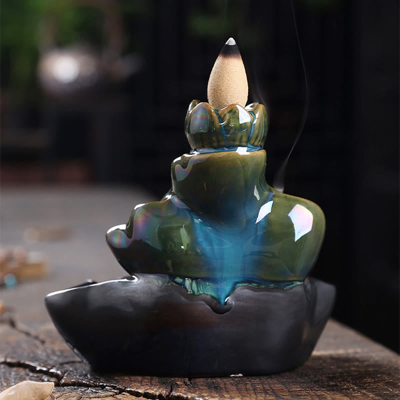 ATELIER-TIBET Porte-Encens à Reflux Lotus avec Poisson Koi en Céramique – 11,5 cm