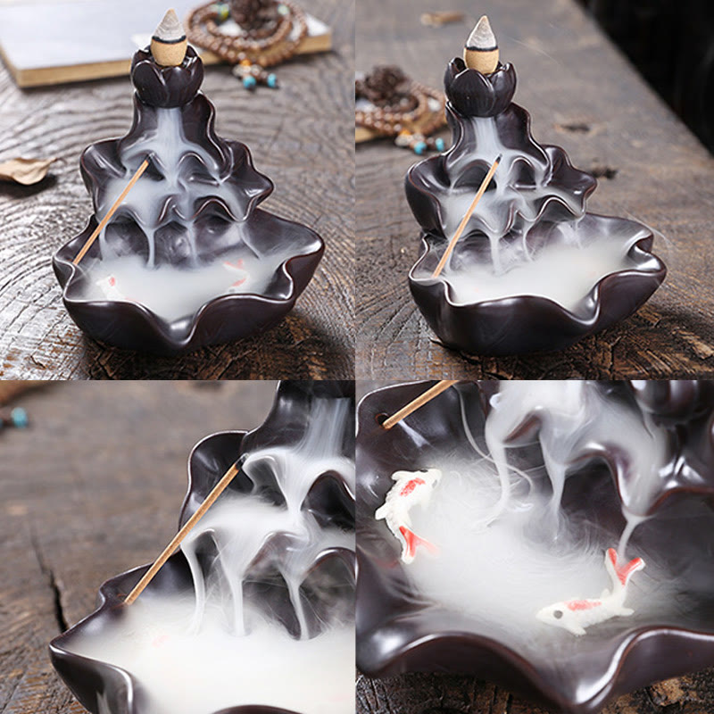 ATELIER-TIBET Porte-Encens à Reflux Lotus avec Poisson Koi en Céramique – 11,5 cm