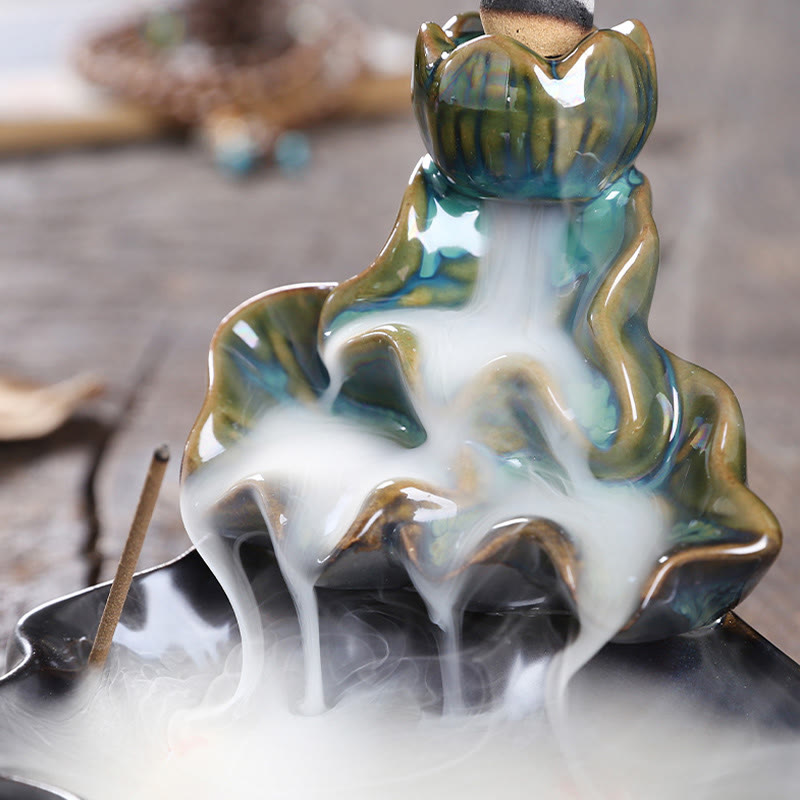 ATELIER-TIBET Porte-Encens à Reflux Lotus avec Poisson Koi en Céramique – 11,5 cm