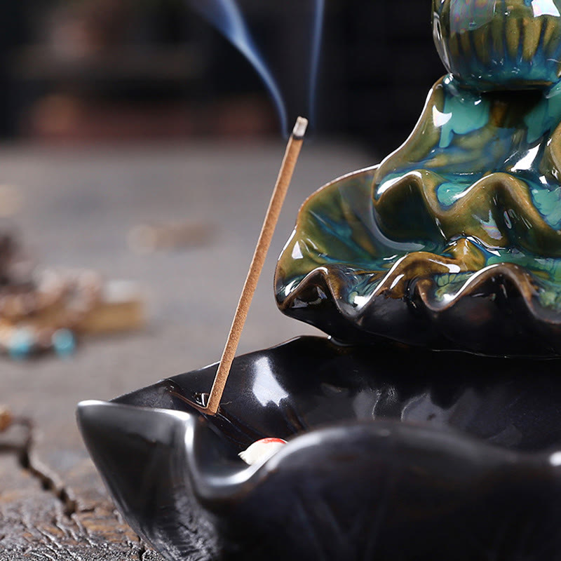 ATELIER-TIBET Porte-Encens à Reflux Lotus avec Poisson Koi en Céramique – 11,5 cm