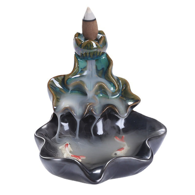 ATELIER-TIBET Porte-Encens à Reflux Lotus avec Poisson Koi en Céramique – 11,5 cm