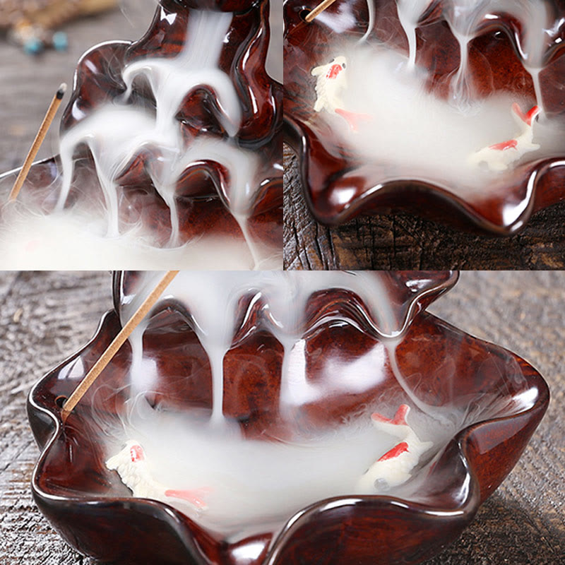 ATELIER-TIBET Porte-Encens à Reflux Lotus avec Poisson Koi en Céramique – 11,5 cm