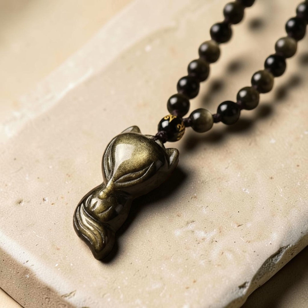 ATELIER-TIBET – Pendentif Renard Sage en Obsidienne Dorée