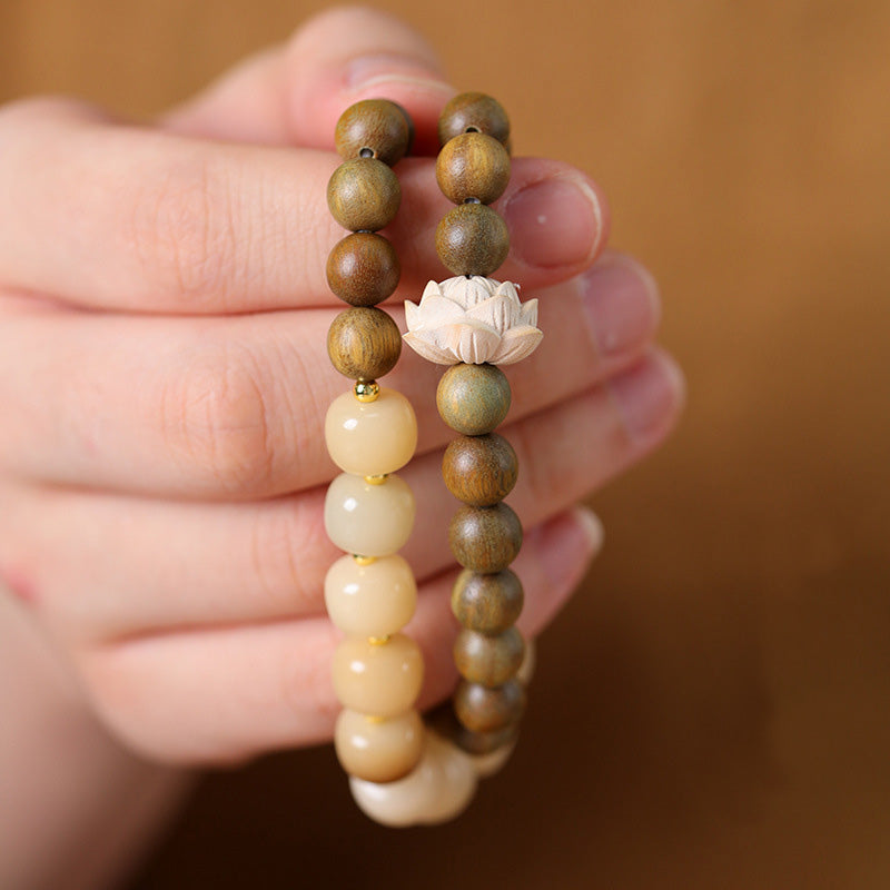ATELIER-TIBET Bracelet Mala Lotus en Bois de Santal Vert & Graines de Bodhi – Perles ~8 mm