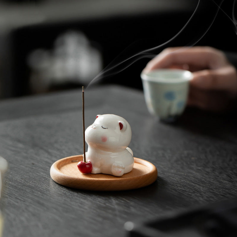 ATELIER-TIBET Porte-Encens Céramique Chat – Design Adorable & Plateau Bois (5,4 cm)